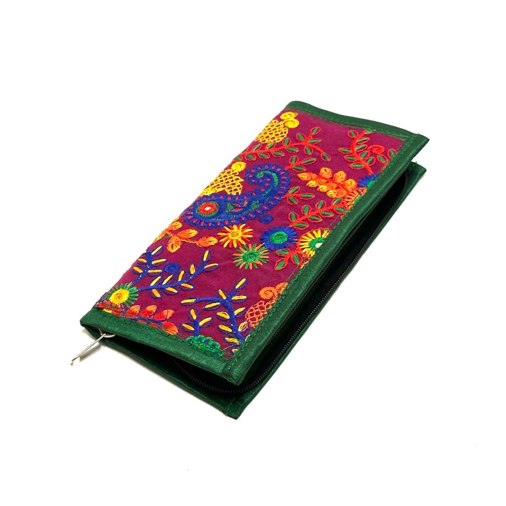 Embroidered Floral Zip Wallet - Green Trim, Multicolor